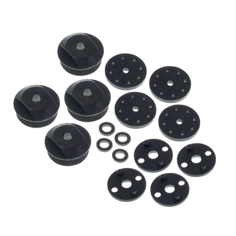 Set of black mechanical components on a white background