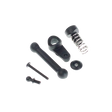 Mechanical parts including a spring, shafts, and bearings on a white background