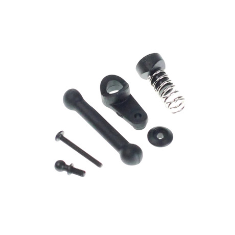 Mechanical parts including a spring, shafts, and bearings on a white background