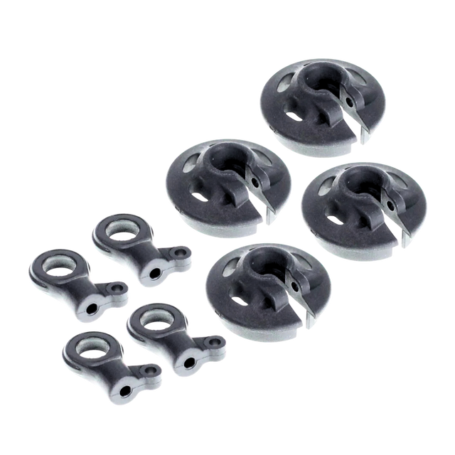 Set of plastic mechanical components on a white background