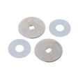 Four circular metal washers on a white background