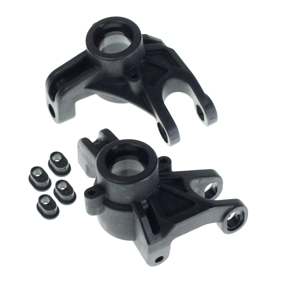 Two black mechanical parts with small nuts on a white background