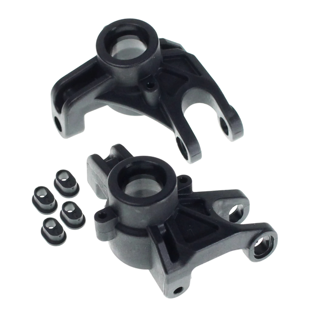 Two black mechanical parts with small nuts on a white background