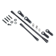 Set of black metal rods and components on a white background