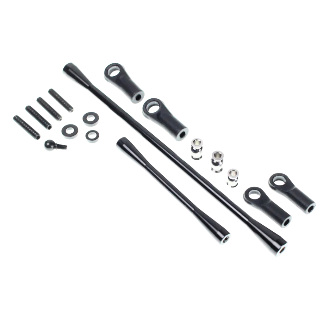 Set of black metal rods and components on a white background