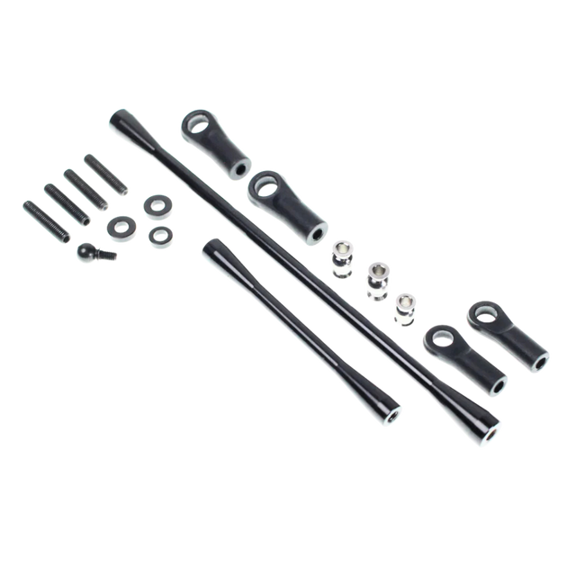 Set of black metal rods and components on a white background