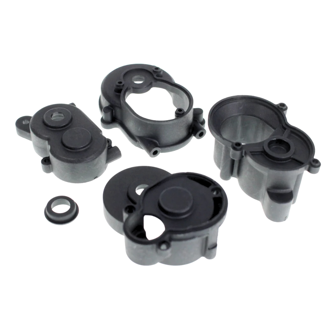 Set of black mechanical components on a white background