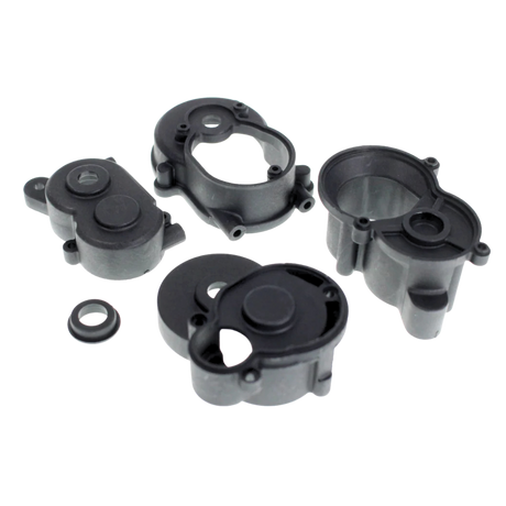 Set of black mechanical components on a white background