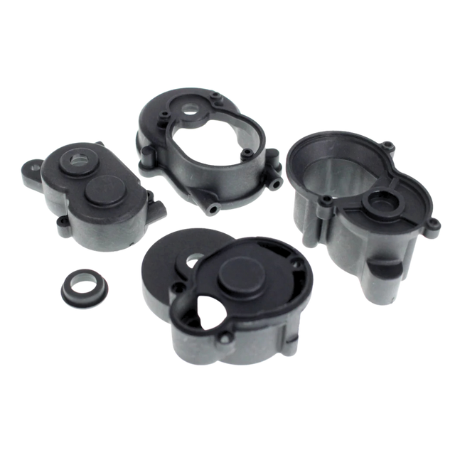 Set of black mechanical components on a white background