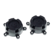 Two black rubber grommets on a white background