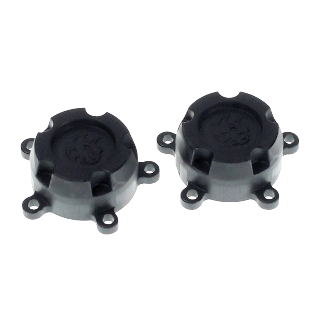 Two black rubber grommets on a white background