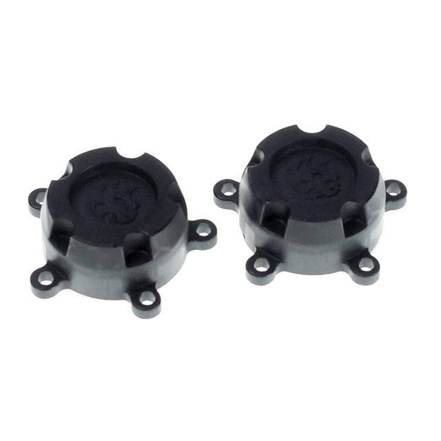Two black rubber grommets on a white background