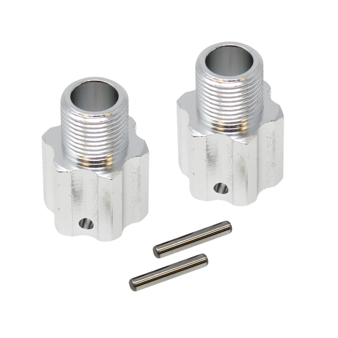 Two metallic connectors with additional parts on a white background