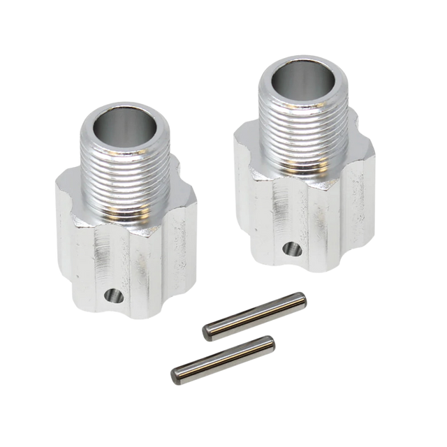 Two metallic connectors with additional parts on a white background