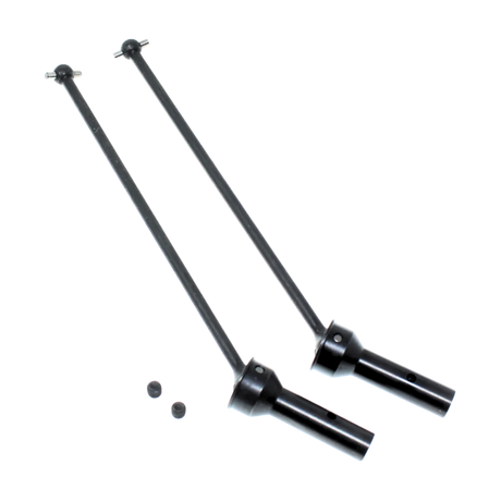 Two black metal driveshafts with connectors on a white background