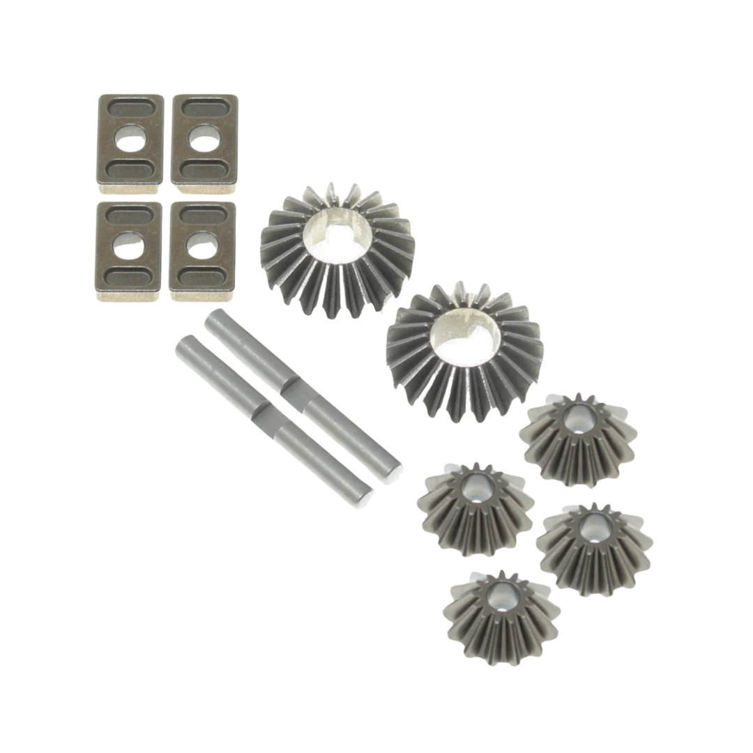 Set of mechanical gears and components on a white background