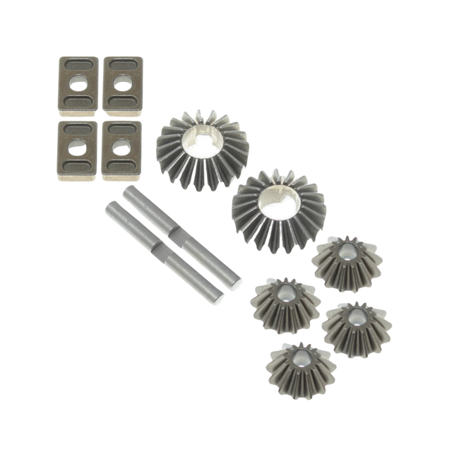 Set of mechanical gears and components on a white background