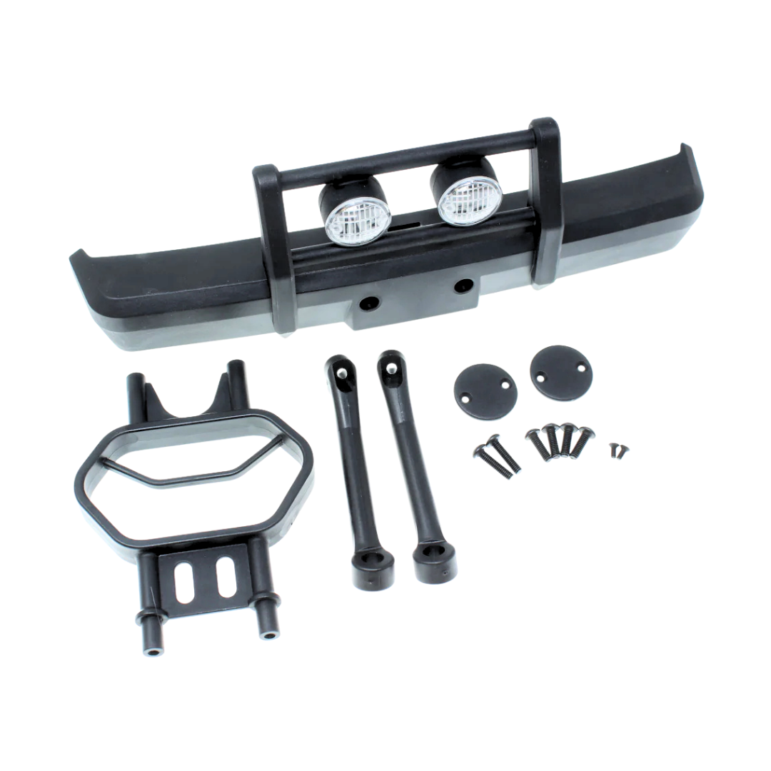 Set of black vehicle bumper components on a white background