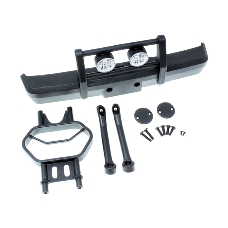Set of black vehicle bumper components on a white background
