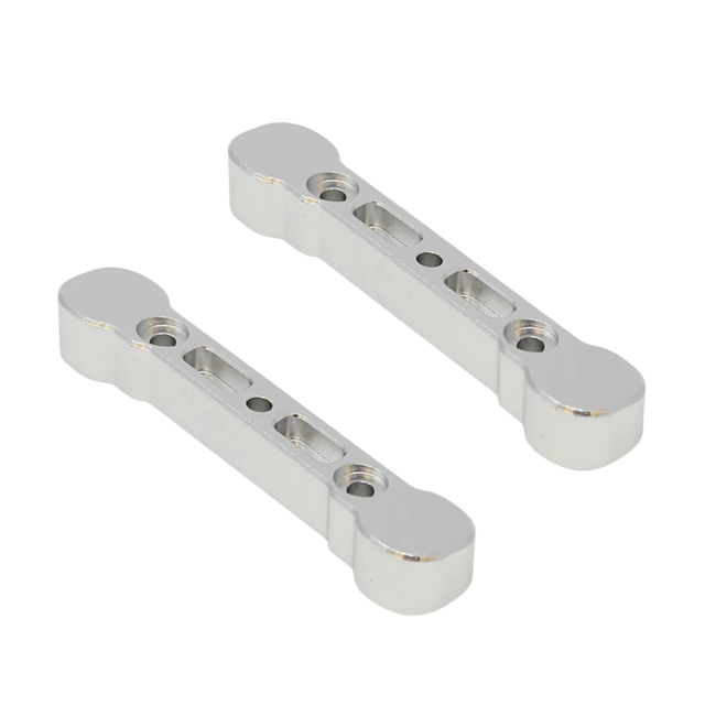 Two metallic metal brackets on a white background