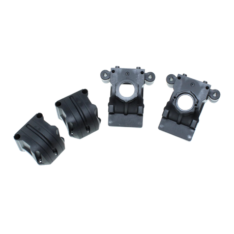 Four black mechanical parts on a white background