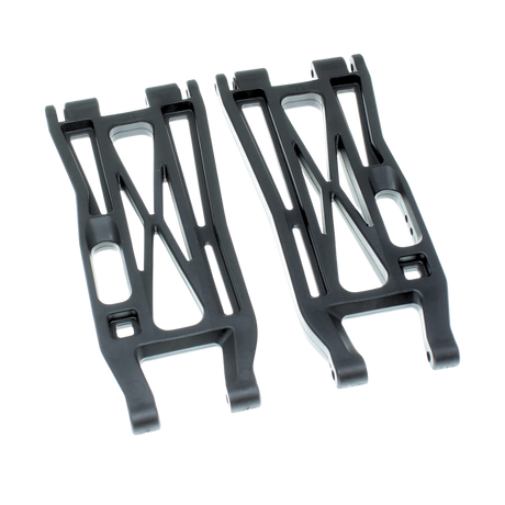 Two black plastic suspension links on a white background