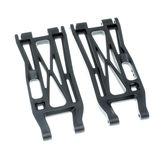 Two black plastic suspension links on a white background