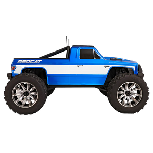 Blue and white RC truck with large wheels on a white background