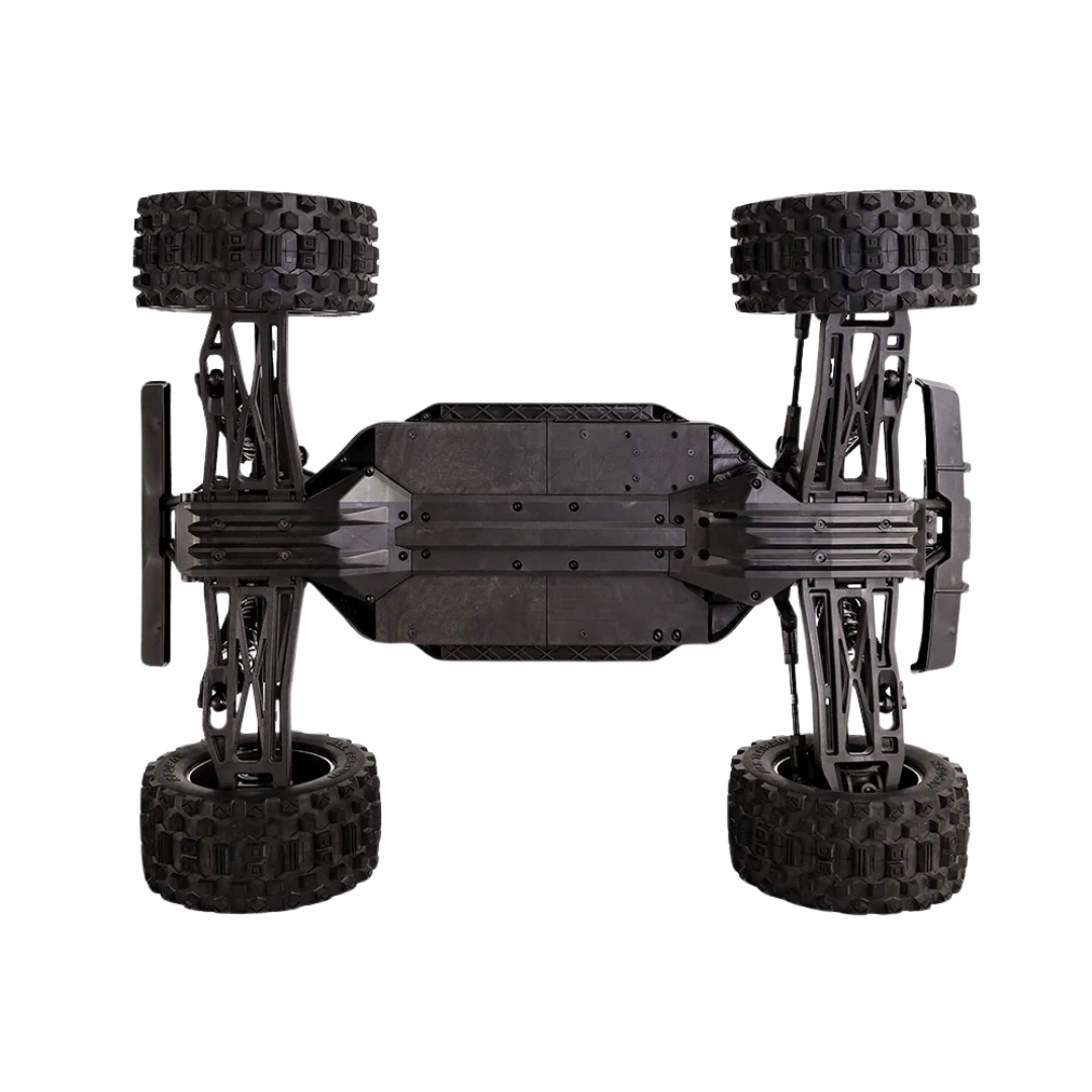 Black off-road vehicle chassis with large wheels on a white background