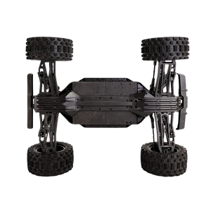 Black off-road vehicle chassis with large wheels on a white background