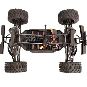 Top-down view of a remote control car chassis with visible wiring on a white background