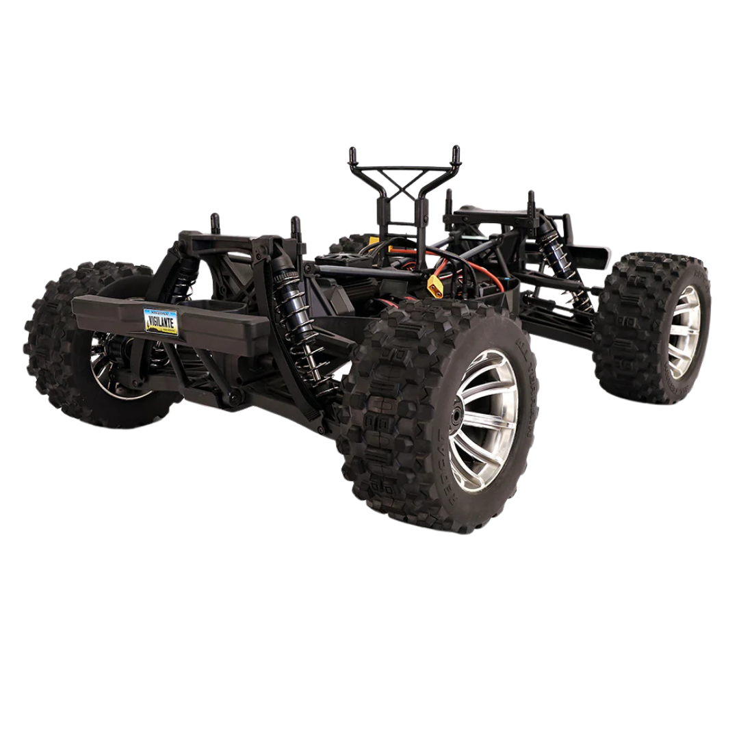 Black off-road RC car chassis with large wheels on a white background