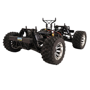 Black off-road RC car chassis with large wheels on a white background