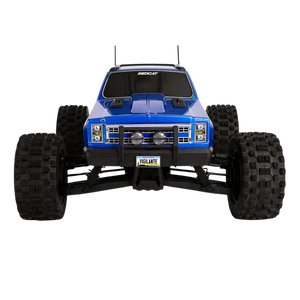 Blue monster truck with large black tires on a white background
