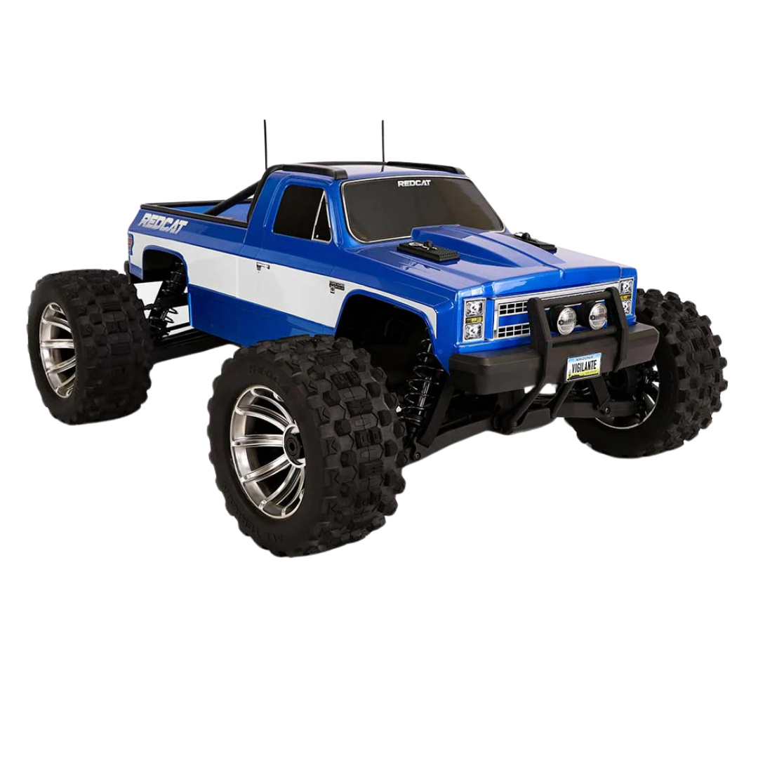 Blue and white remote control truck with large wheels on a white background