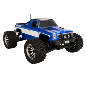 Blue and white remote control truck with large wheels on a white background
