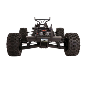 Black off-road vehicle chassis with large tires on a white background
