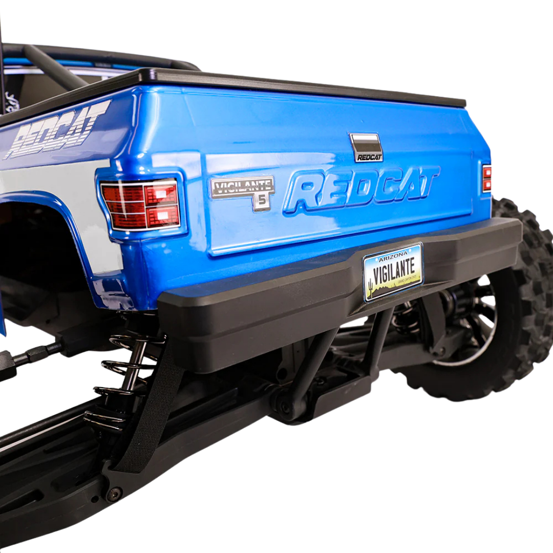 Blue Redcat RC truck with black bumper on a white background