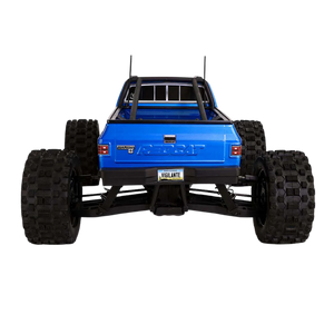 Blue monster truck with large black tires on a white background