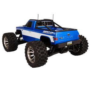 Blue and white remote control truck with large wheels on a white background