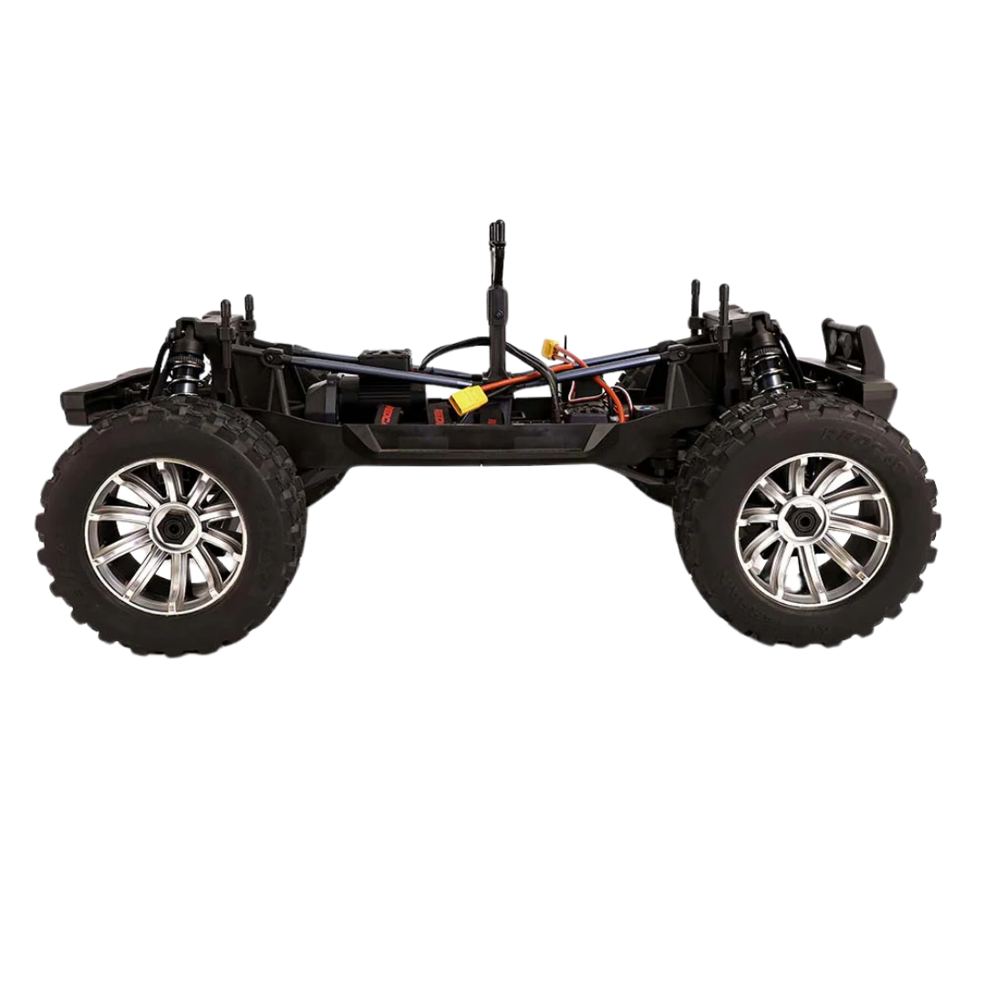 Black off-road vehicle chassis with large wheels on a white background