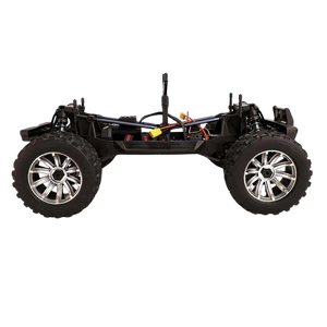 Black off-road vehicle chassis with large wheels on a white background
