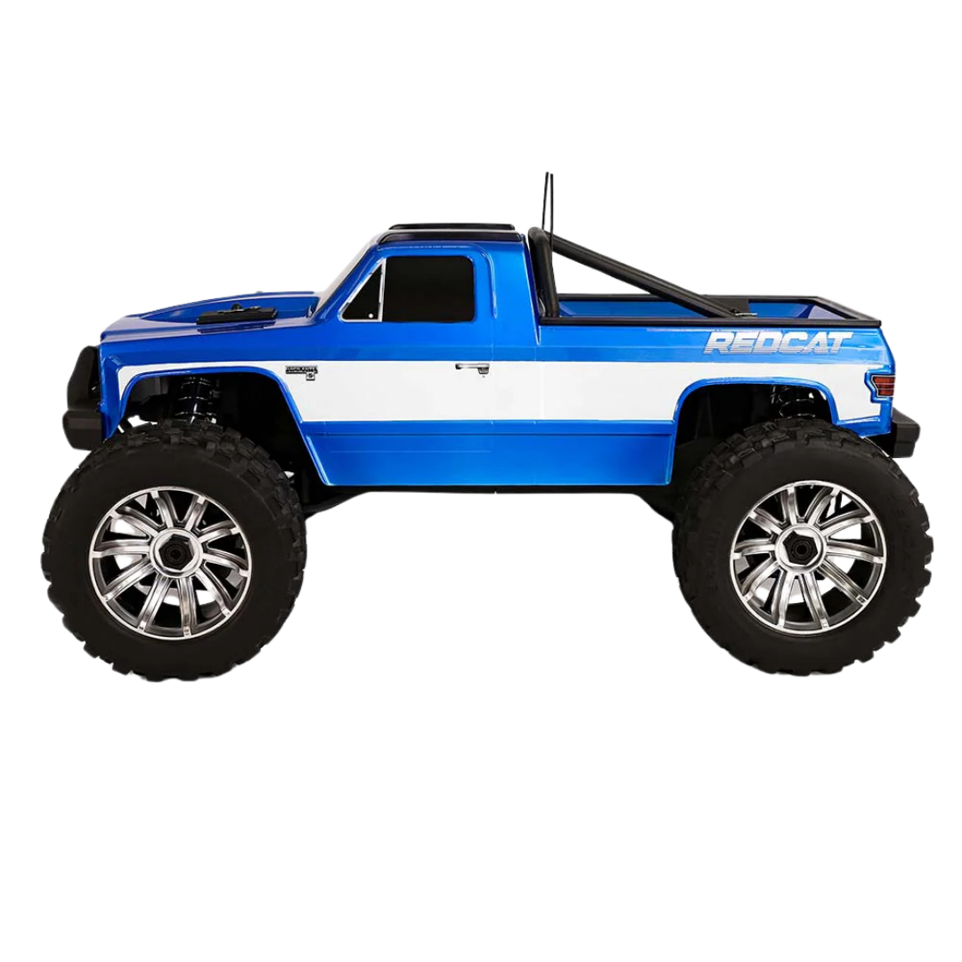 Blue and white remote control truck with 'Redcat' branding on a white background