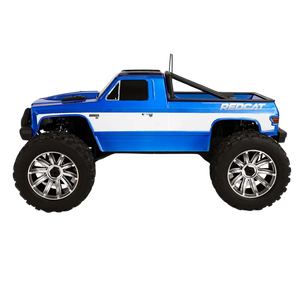 Blue and white remote control truck with 'Redcat' branding on a white background