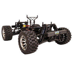 Black off-road RC car chassis with large tires on a white background