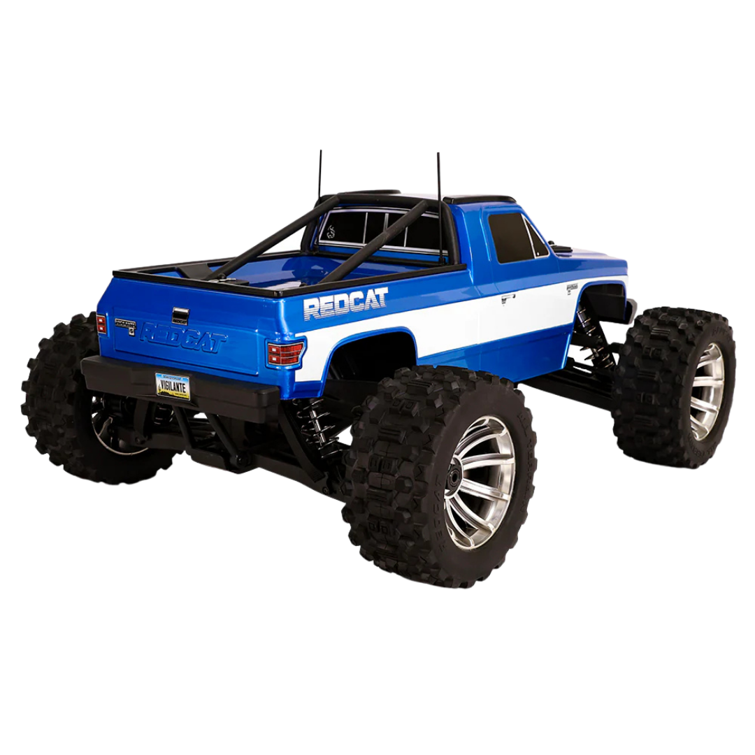 Blue and white remote control truck with 'Redcat' branding on a white background