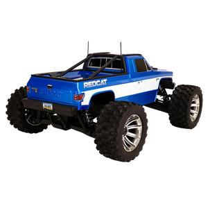 Blue and white remote control truck with 'Redcat' branding on a white background