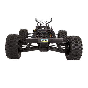 Black off-road vehicle chassis with large tires on a white background