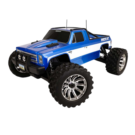 Blue off-road RC truck on a white background
