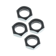 Four black hex nuts on a white background